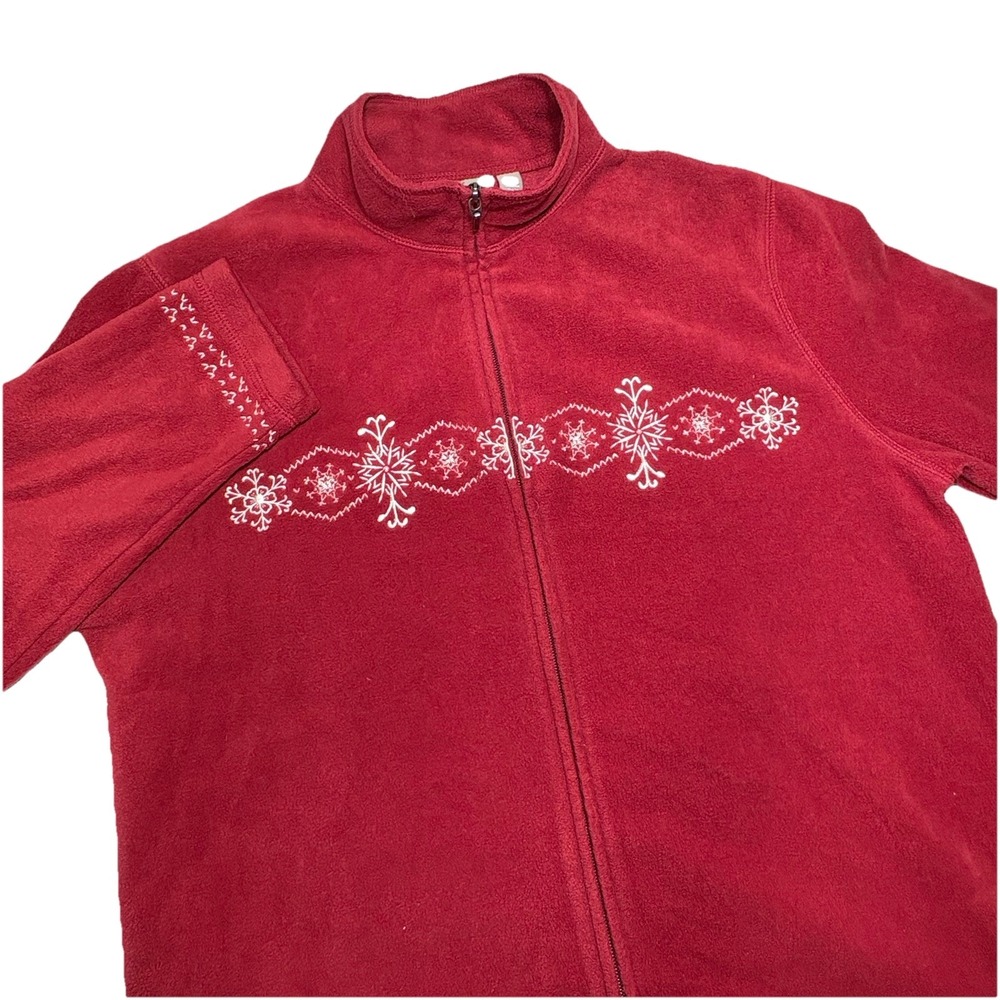 Croft And Barrow Womens XL Red Fleece Jacket Full Zip Snowflakes Stand Up Collar